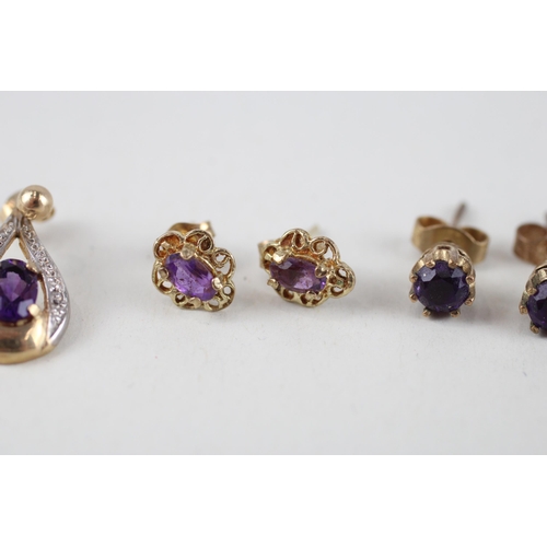 112 - 3x 9ct gold amethyst & diamond earrings (3.8g)