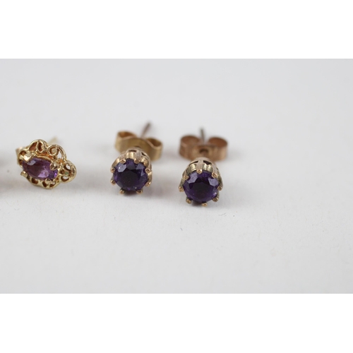 112 - 3x 9ct gold amethyst & diamond earrings (3.8g)