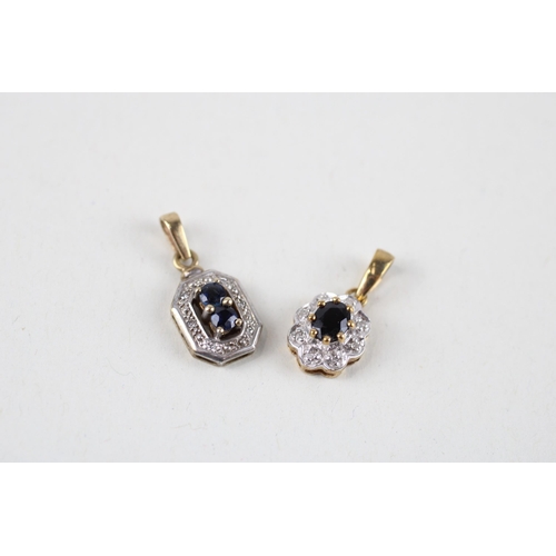 116 - 2x 9ct gold sapphire & diamond cluster pendants (1.9g)