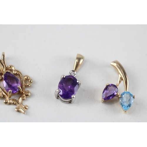 117 - 3x 9ct gold amethyst, blue topaz & diamond pendants (2.9g)