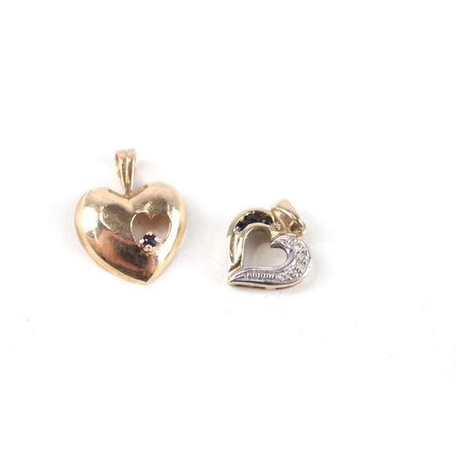 121 - 2x 9ct gold sapphire & diamond heart pendants (2g)