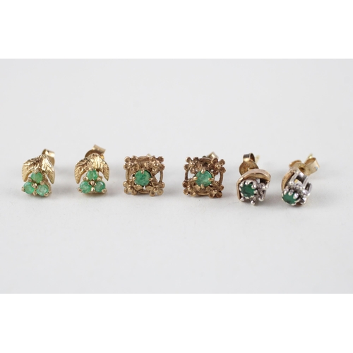 21 - 3x 9ct gold emerald & diamond stud earrings (3.8g)