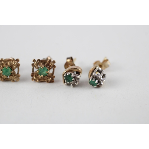 21 - 3x 9ct gold emerald & diamond stud earrings (3.8g)