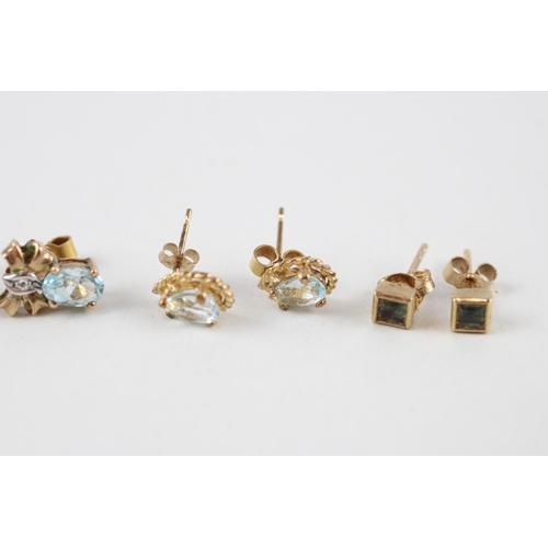 24 - 3x 9ct gold blue topaz, blue gemstone & diamond earrings (3.2g)