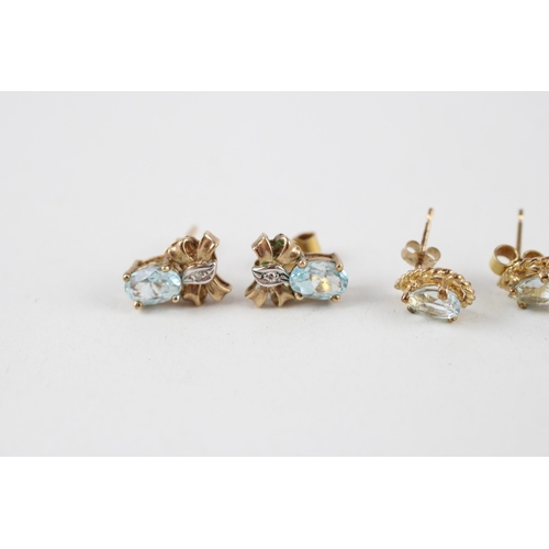 24 - 3x 9ct gold blue topaz, blue gemstone & diamond earrings (3.2g)