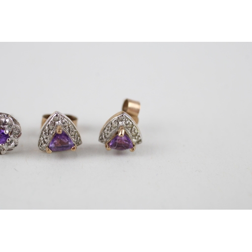 25 - 2x 9ct gold amethyst & diamond cluster earrings (2.8g)