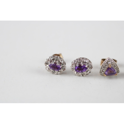 25 - 2x 9ct gold amethyst & diamond cluster earrings (2.8g)