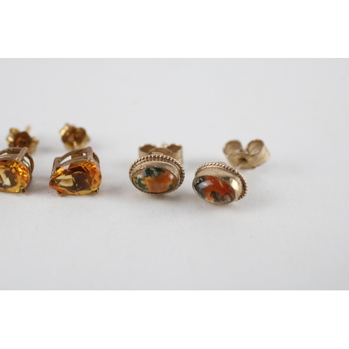 26 - 3x 9ct gold citrine & agate stud earrings (3.2g)