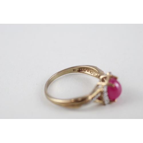 46 - 9ct gold red gemstone & diamond ring (2.4g) Size  N 1/2