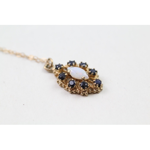 5 - 9ct gold opal & sapphire cluster pendant & chain (1.8g)