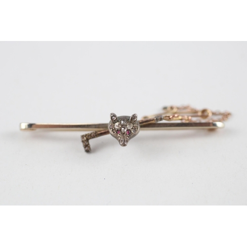 50 - 9ct gold ruby & diamond fox bar brooch (4.2g)