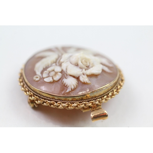 85 - 9ct gold 1970's rose shell cameo pendant & brooch (9.6g)