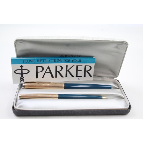 349 - Vintage PARKER 51 Teal Fountain Pen w/ 14ct Nib, Rolled Gold Cap, Pencil, Box