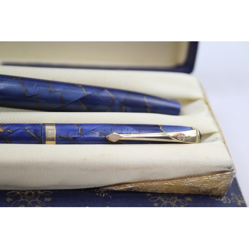 354 - Vintage CONWAY STEWART 85L Navy Fountain Pen w/ 14ct Gold Nib, Pencil, Boxed