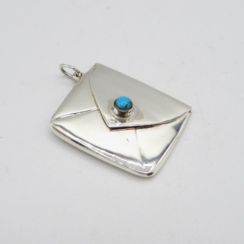 144 - HM Sterling Silver 925 with turquoise stamp envelope with tight closing hinged lid in excellent cond... 