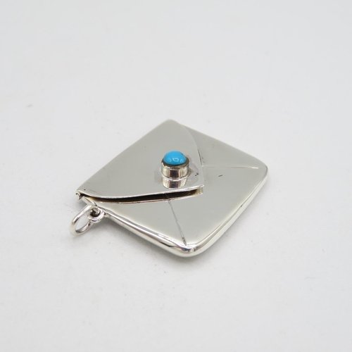 144 - HM Sterling Silver 925 with turquoise stamp envelope with tight closing hinged lid in excellent cond... 