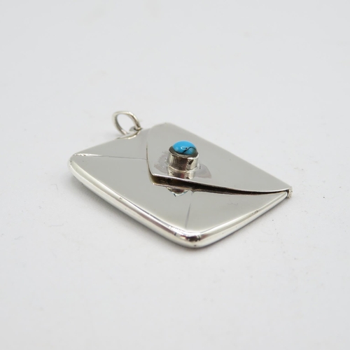 144 - HM Sterling Silver 925 with turquoise stamp envelope with tight closing hinged lid in excellent cond... 