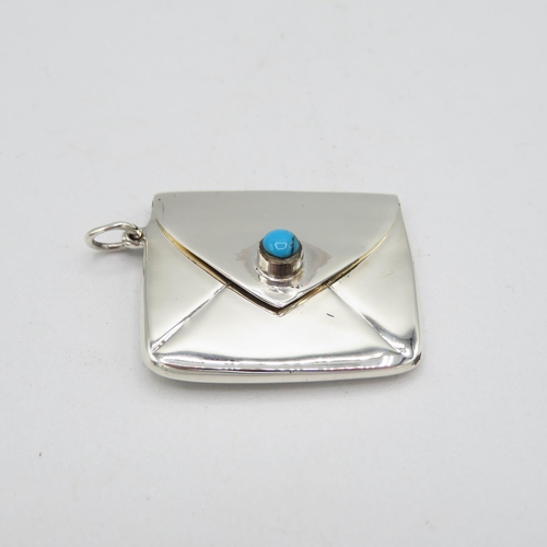 144 - HM Sterling Silver 925 with turquoise stamp envelope with tight closing hinged lid in excellent cond... 