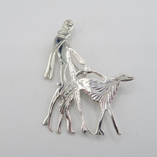 147 - 925 HM Sterling Silver Art Deco style brooch with lady and saluki dog with tight fitting pin (10g)  ... 