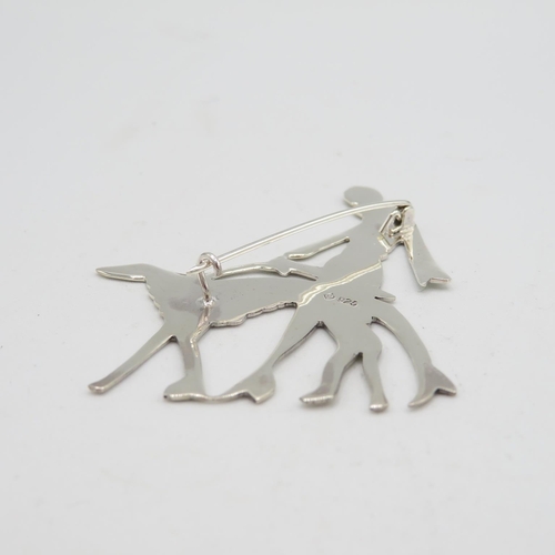 147 - 925 HM Sterling Silver Art Deco style brooch with lady and saluki dog with tight fitting pin (10g)  ... 