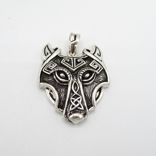 153 - HM Sterling Silver 925 Wolf Mask pendant with bail in excellent condition ( 13.8g) - 30mm wide