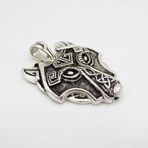 153 - HM Sterling Silver 925 Wolf Mask pendant with bail in excellent condition ( 13.8g) - 30mm wide