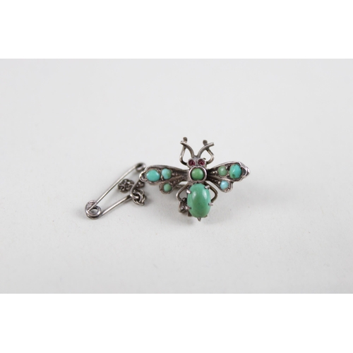 167 - Silver antique gemstone bug brooch including Turquoise (3g)