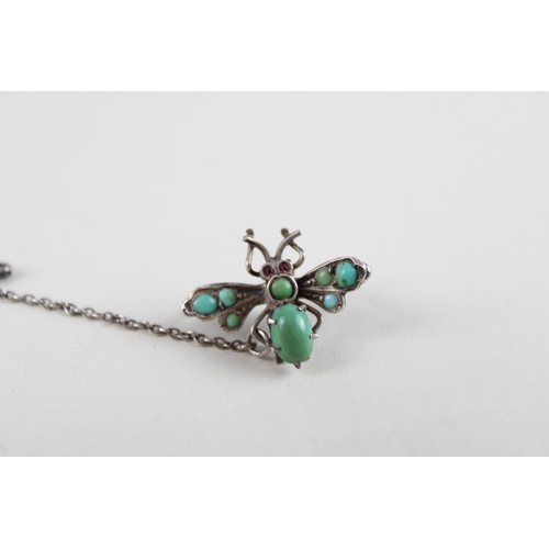 167 - Silver antique gemstone bug brooch including Turquoise (3g)