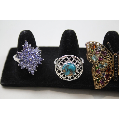 177 - Six silver gemstone rings including Turquoise (41g)