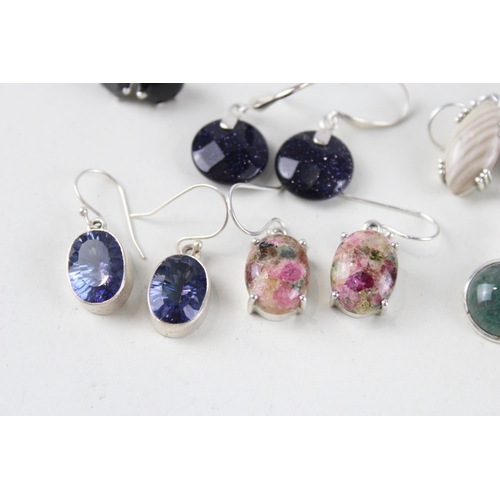 185 - A collection of silver gemstone earrings including Diamond (56g)