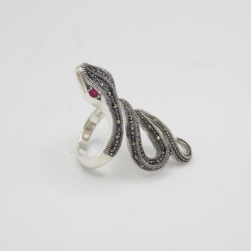 198 - HM Sterling Silver 925 long snake ring with red stone eyes and curled tail (11.2g) In excellent cond... 