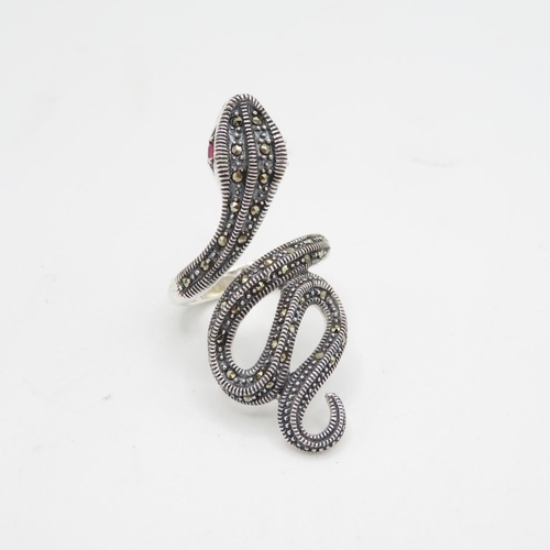 198 - HM Sterling Silver 925 long snake ring with red stone eyes and curled tail (11.2g) In excellent cond... 