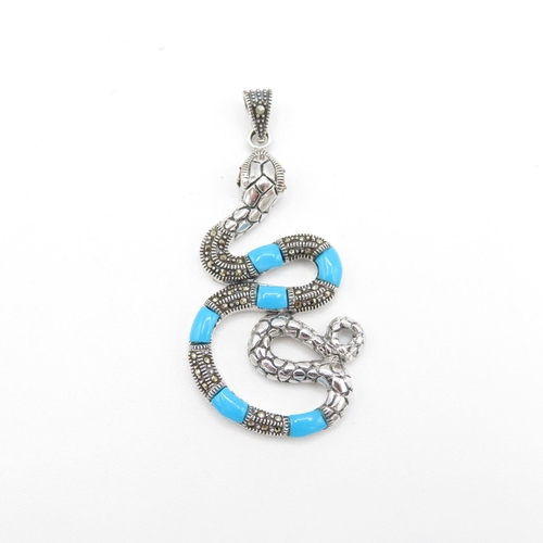 201 - HM Sterling Silver 925 Snake pendant set with turquoise stones and red stone eyes (10.8g) In excelle... 