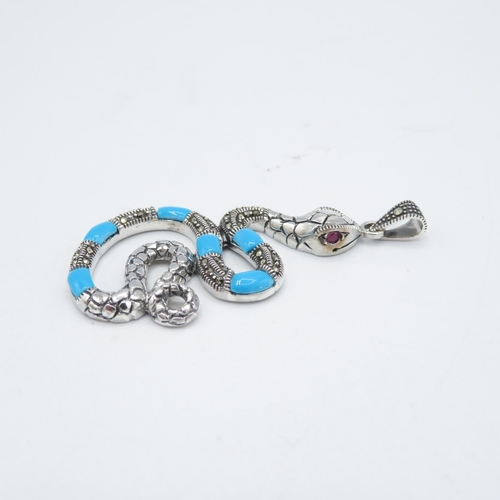 201 - HM Sterling Silver 925 Snake pendant set with turquoise stones and red stone eyes (10.8g) In excelle... 