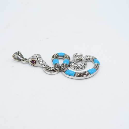 201 - HM Sterling Silver 925 Snake pendant set with turquoise stones and red stone eyes (10.8g) In excelle... 