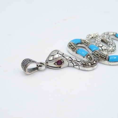 201 - HM Sterling Silver 925 Snake pendant set with turquoise stones and red stone eyes (10.8g) In excelle... 