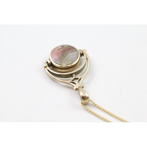 104 - 9ct gold mother of pearl & agate fob spinner & chain (4.3g)