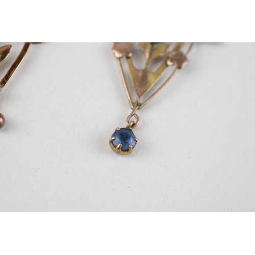 123 - 2x 9ct gold blue gemstone & seed pearl pendants (2.6g)