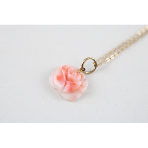 3 - 9ct gold rose carved coral pendant pendant & chain (2.2g)