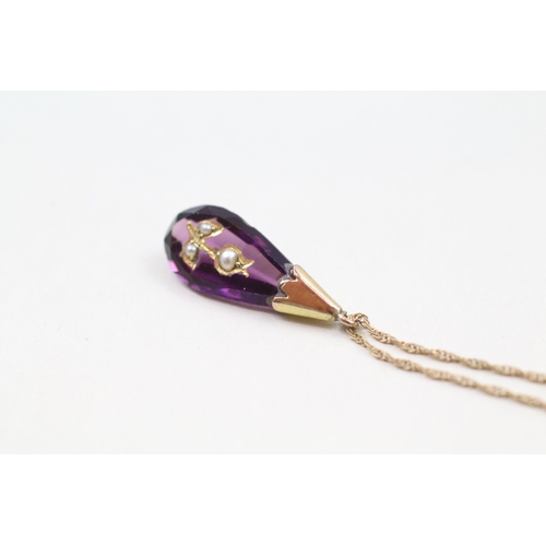 41 - 9ct gold amethyst & seed pearl floral pendant & chain (2.2g)