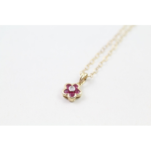 82 - 9ct gold ruby & diamond cluster pendant & chain (1.6g)