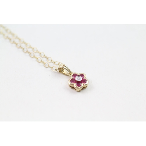 82 - 9ct gold ruby & diamond cluster pendant & chain (1.6g)