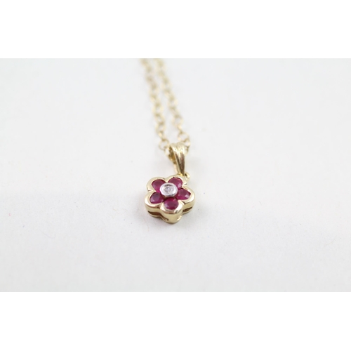 82 - 9ct gold ruby & diamond cluster pendant & chain (1.6g)