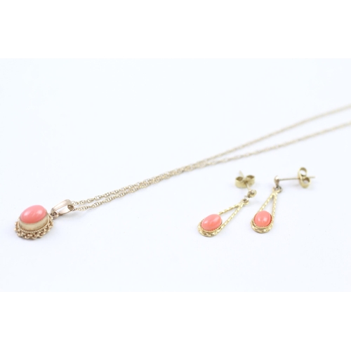 85 - 2x 9ct gold coral earrings & necklace set (2.8g)