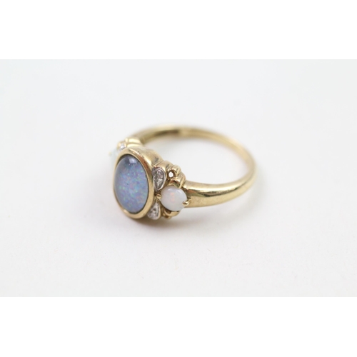 90 - 9ct gold opal, opal doublet & diamond dress ring (3.1g) Size  N