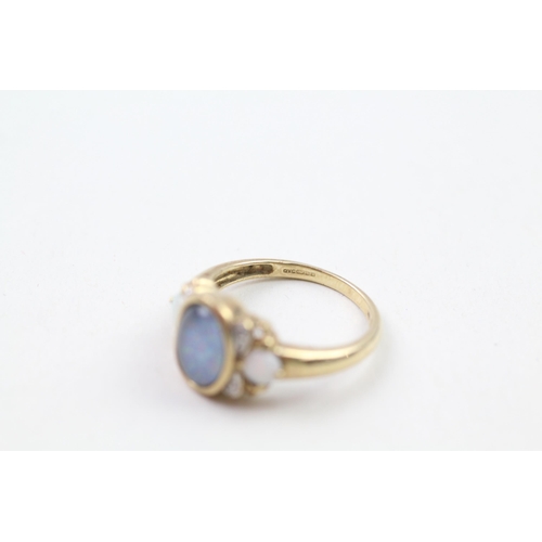 90 - 9ct gold opal, opal doublet & diamond dress ring (3.1g) Size  N