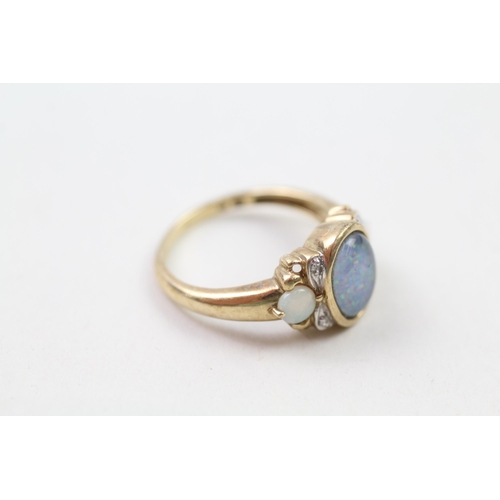 90 - 9ct gold opal, opal doublet & diamond dress ring (3.1g) Size  N