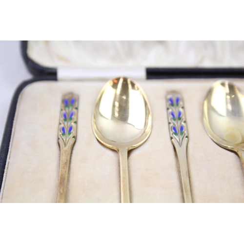 247 - 6 x Vintage 1929 Birmingham Sterling Silver Gilt & Enamel Teaspoons Cased (61g)