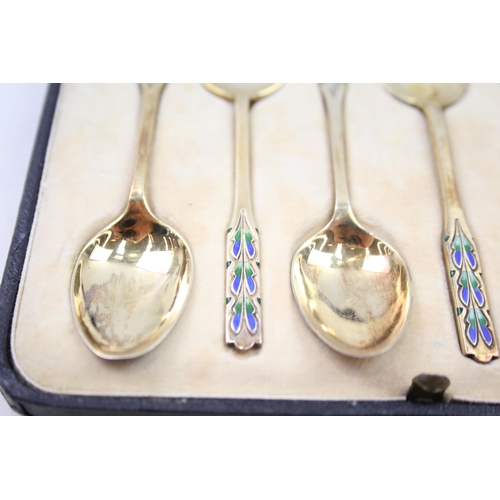 247 - 6 x Vintage 1929 Birmingham Sterling Silver Gilt & Enamel Teaspoons Cased (61g)