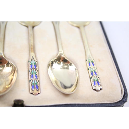 247 - 6 x Vintage 1929 Birmingham Sterling Silver Gilt & Enamel Teaspoons Cased (61g)